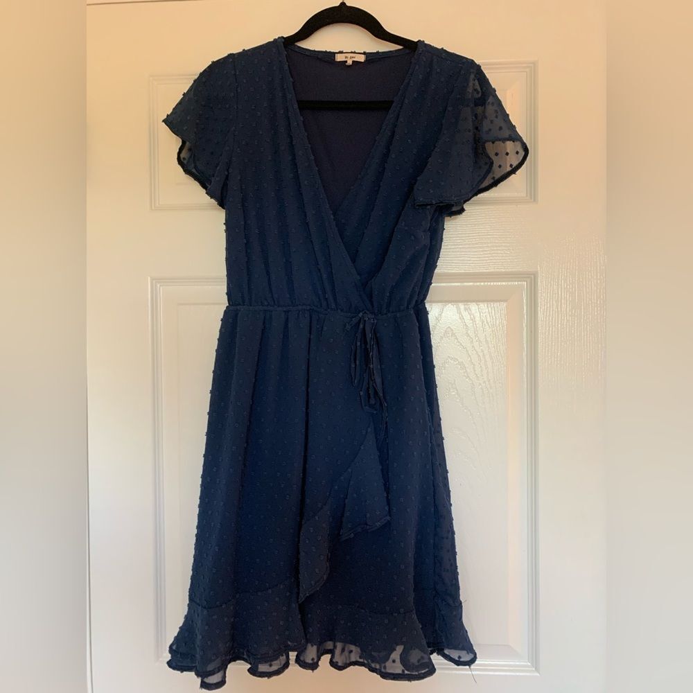 Elegant Navy Swiss Dot Wrap Dress